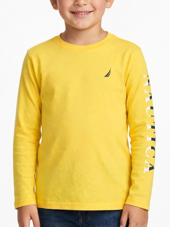 Nautica Other - Nautica Boys Yellow Long Sleeve T-Shirt Size 7 Cotton Logo Graphic Sleeve Crew